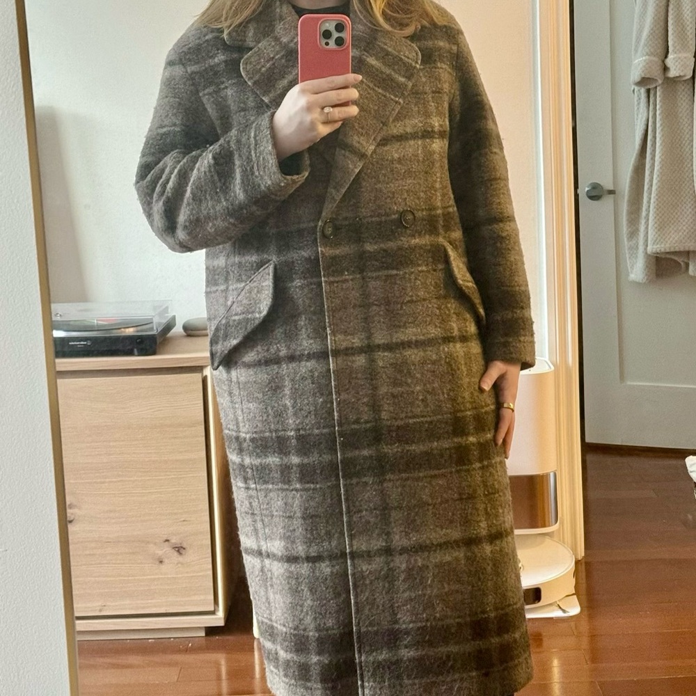 H&M Brown Wool Blend Plaid Double-Breasted Coat - Picture 3 of 8